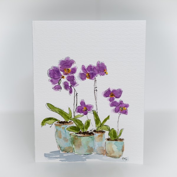A greeting card featuring a painting of potted purple orchids.