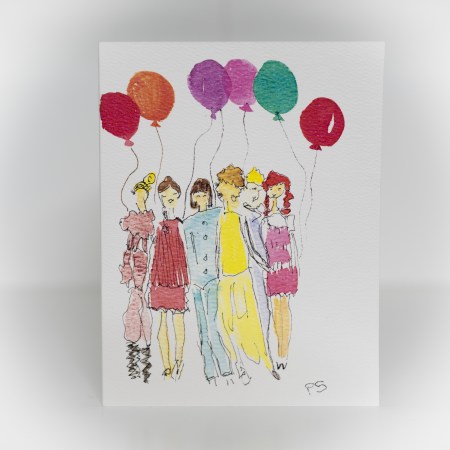 A greeting card featuring a painting of 5 women with balloons standing together.