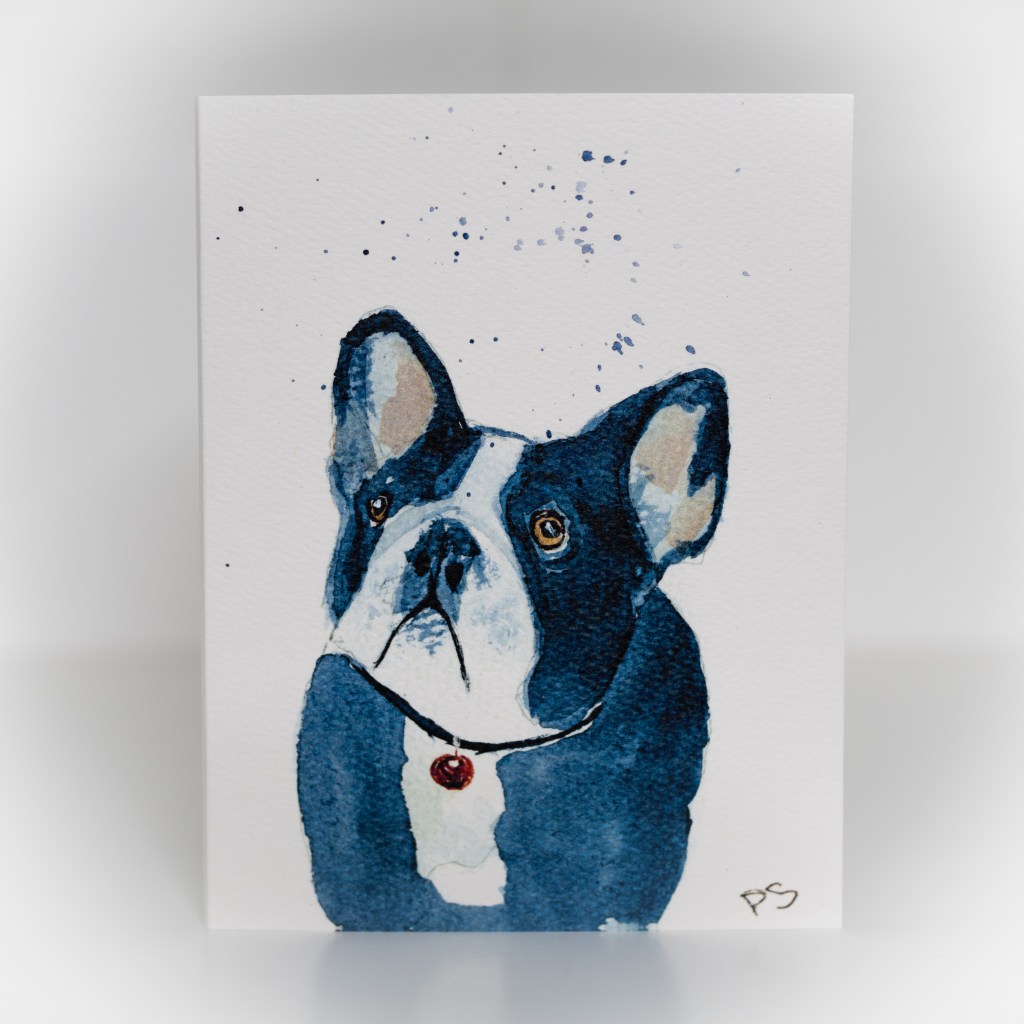 A greeting card featuring a painting of dark blue and white dog looking up.
