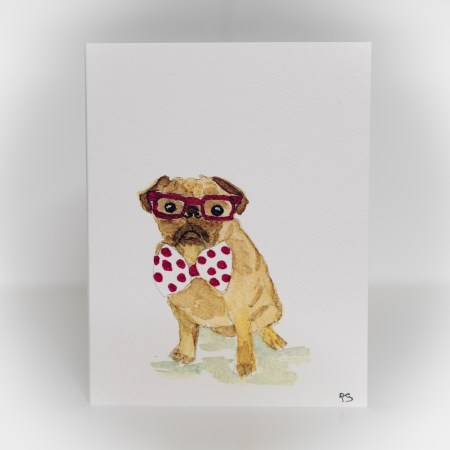 A greeting card featuring a painting of a brown dog wearing a spotted bowtie and red glasses.