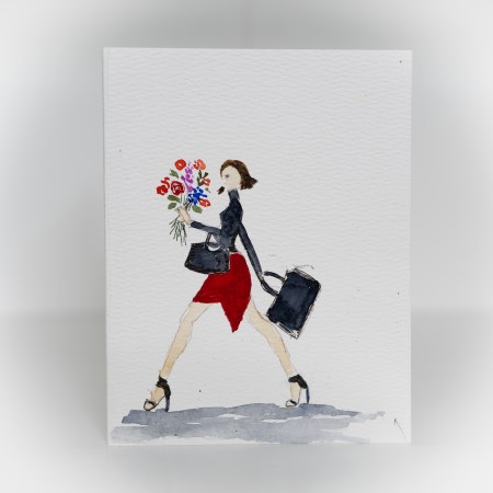 A greeting card featuring a painting of a woman holding bags and flowers while walking.