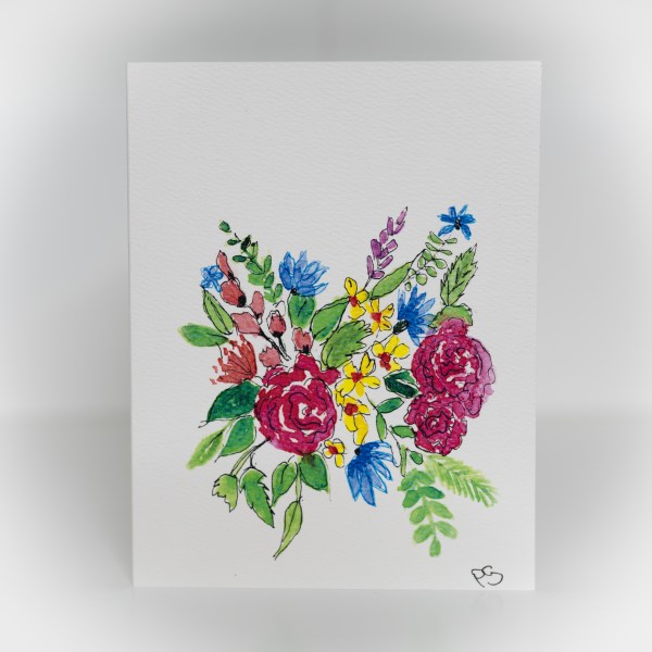 A greeting card featuring a painting of red, yellow, blue, and green flowers.