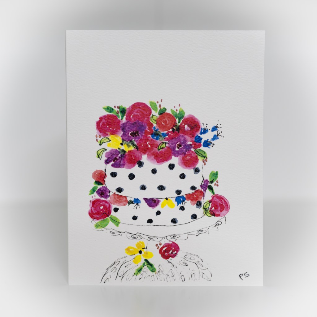 A greeting card featuring a painting of a dotted cake with lots of flowers on top of it.