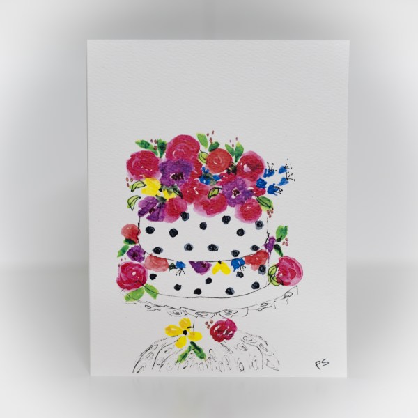 A greeting card featuring a painting of a dotted cake with lots of flowers on top of it.