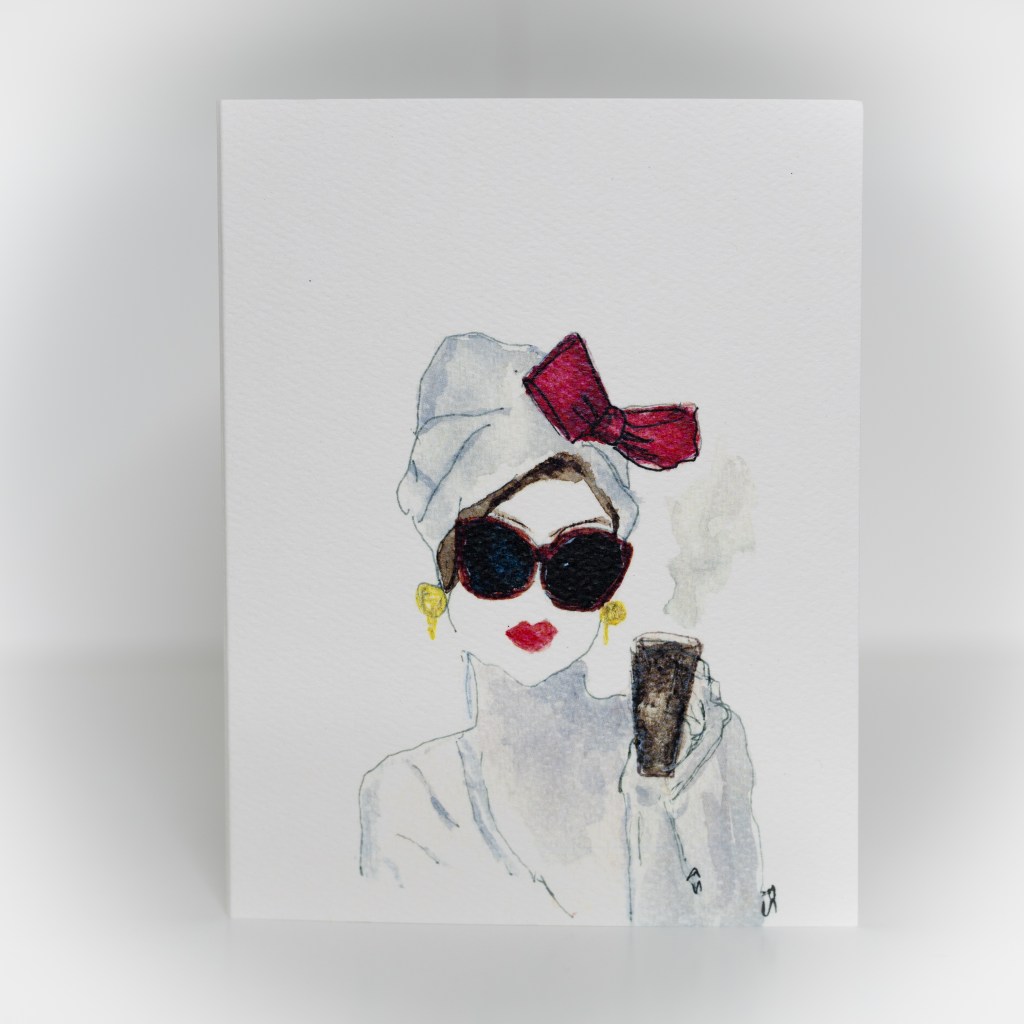A greeting card featuring a painting of a woman with a hat with a bow holding a hot drink.