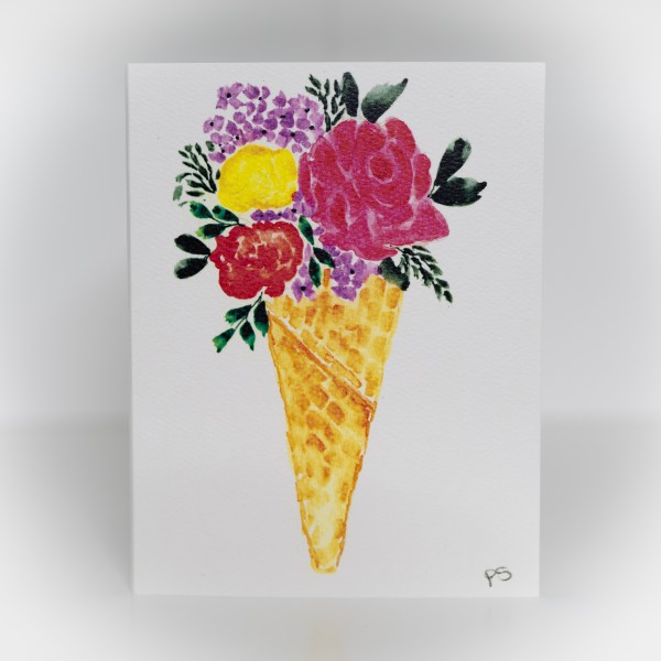 A greeting card featuring a painting of red, yellow, and purple flowers bundled together.