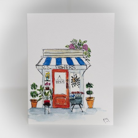 A greeting card featuring a painting of a flower shop with plants outside.