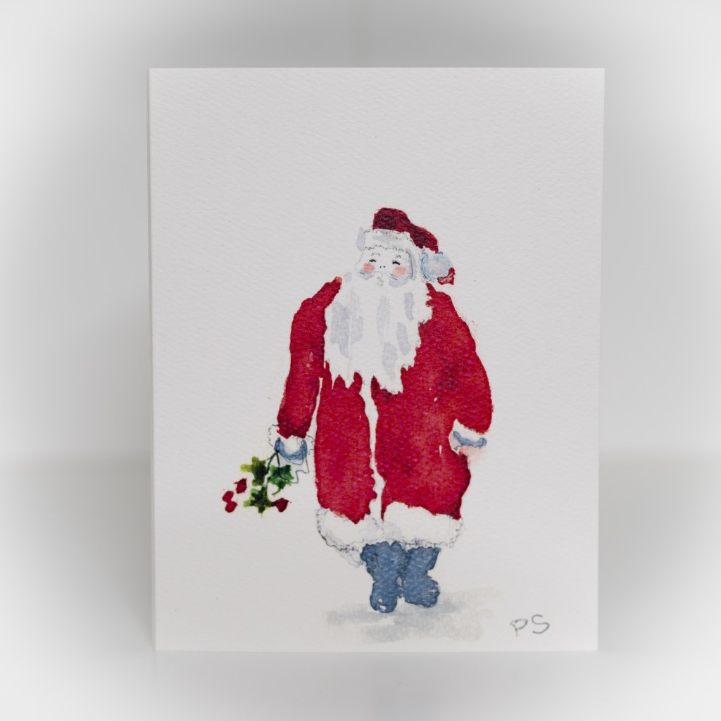 A greeting card featuring a painting of Santa holding holly.