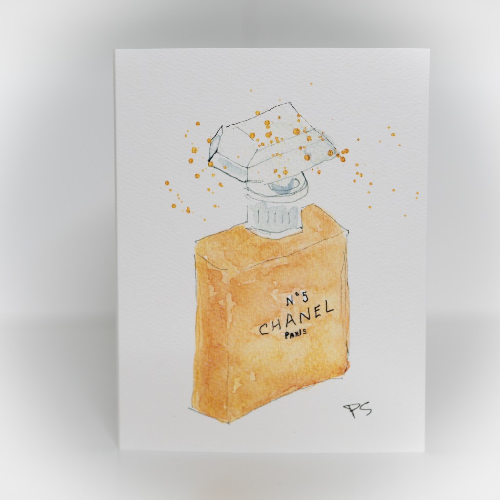 A greeting card featuring a painting of a Chanel perfume bottle.
