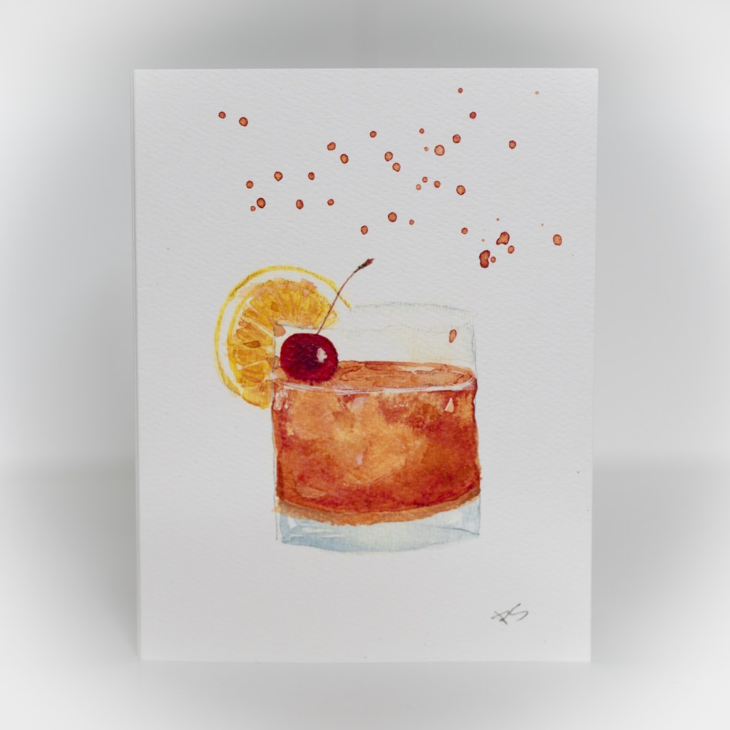 A greeting card featuring a painting of an orange drink with a orange slice and cherry on the rim.