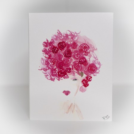 A greeting card featuring a painting of a woman with pink roses for hair.