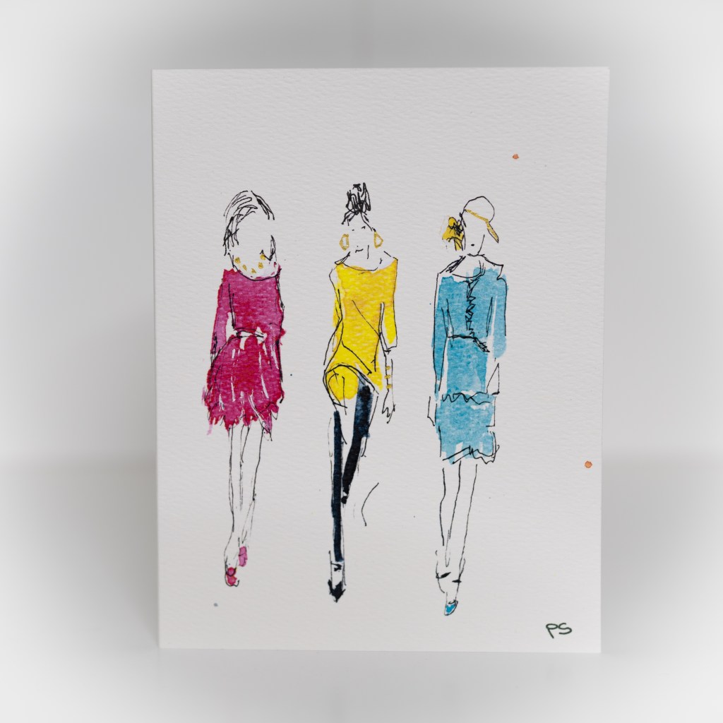 A greeting card featuring a painting of three women standing next to each other.