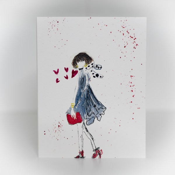 A greeting card featuring a painting of a woman holding a red bag with floating red hearts around her.